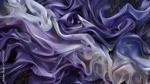 Cascades of pearlescent ivory and dreamy lavender intertwining in a graceful ballet, crafting an abstract composition against a backdrop of starlit ebony. 
