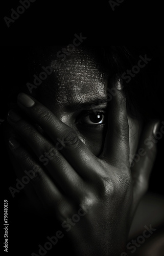 African-American woman hides face with hand. Dark, moody portrait. Vertical with copy space. photo