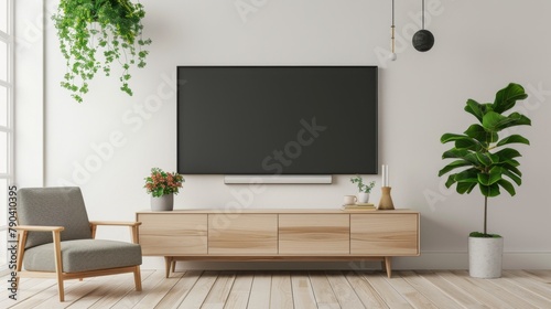 A living room with a large flat screen television mounted on the wall. A chair is placed in front of the television. A potted plant is also present in the room. The room has a modern