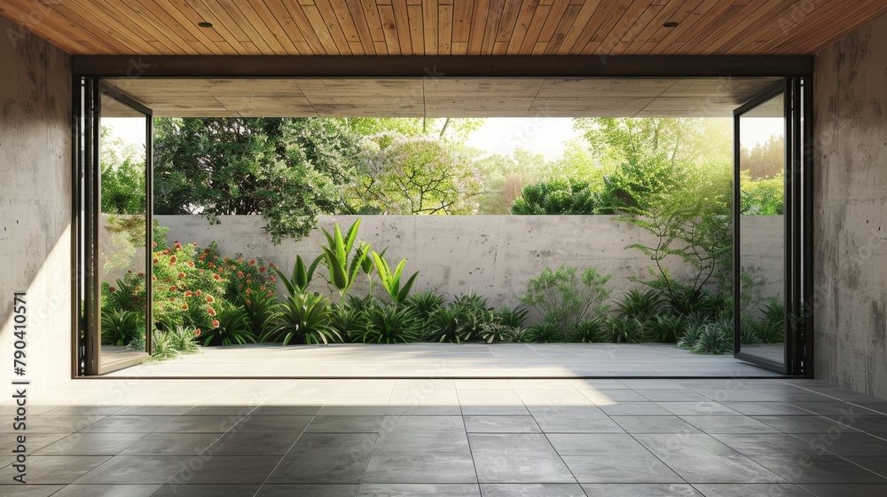 Fototapeta premium A large open space with a wall of greenery and a large window. The space is empty and has a modern feel to it