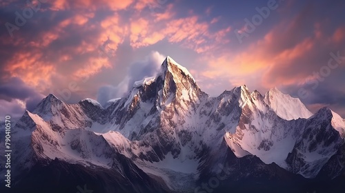 A majestic mountain range with snow - capped peaks and sprawling glaciers photo