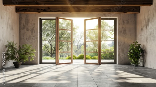 A large open room with a view of a tree outside. The room is empty and has a lot of natural light coming in through the windows