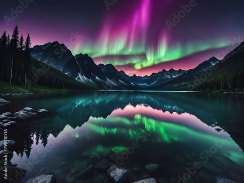 scenic landscape of an aurora borealis in Norway forest photo