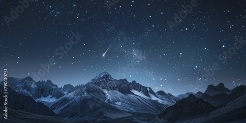 The serene mountain ridge stood still as a shooting star streaked across the clear night sky.