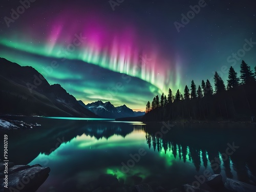 Beautiful landscape of an aurora borealis in the mountains with reflection in a lake photo