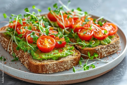 Freshly baked whole grain bread slices served with avocado spread, cherry tomatoes, and microgreens on a white ceramic plate.