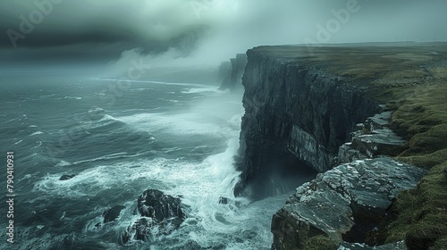 Dramatic clifftop view over a stormy sea, with a minimalist composition emphasizing space and mood.