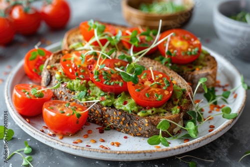 Freshly baked whole grain bread slices served with avocado spread  cherry tomatoes  and microgreens on a white ceramic plate.