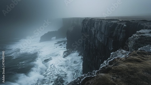 Capturing the essence of vastness and emotion, a stormy sea meets the edge of a dramatic clifftop in minimalistic splendor.