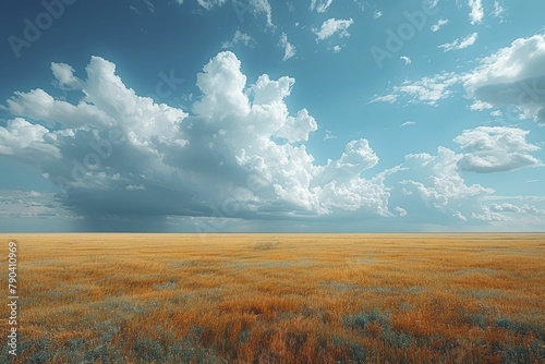 The minimalist prairie stretches endlessly beneath the dramatic clouds, showcasing the vast expanse of sky and land.
