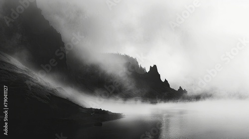 Ethereal fog over a quiet mountain pass, simplifying the landscape into layers of silhouette.