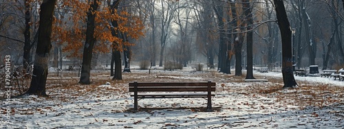 Solitude envelops the park bench in a wintry scene, where leafless trees stand as silent witnesses to the snowy expanse.