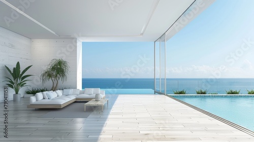 A large open living room with a pool and a view of the ocean. The room is filled with white furniture and a potted plant. Scene is serene and relaxing  as the open space