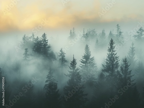 In the tranquil haze of dawn, the forest emerges as a dreamlike realm, its trees cast as haunting silhouettes under the soft morning sky. © Kanisorn