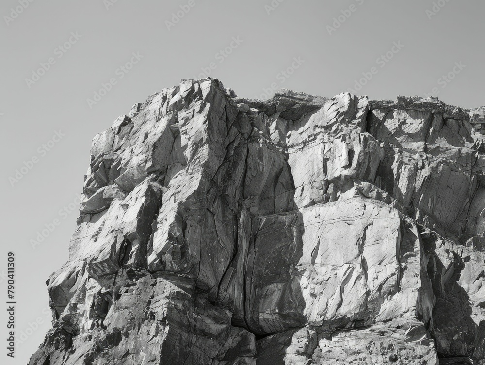 Capturing the raw beauty of rugged cliffs set against a stark, cloudless sky in a high contrast black and white shot.