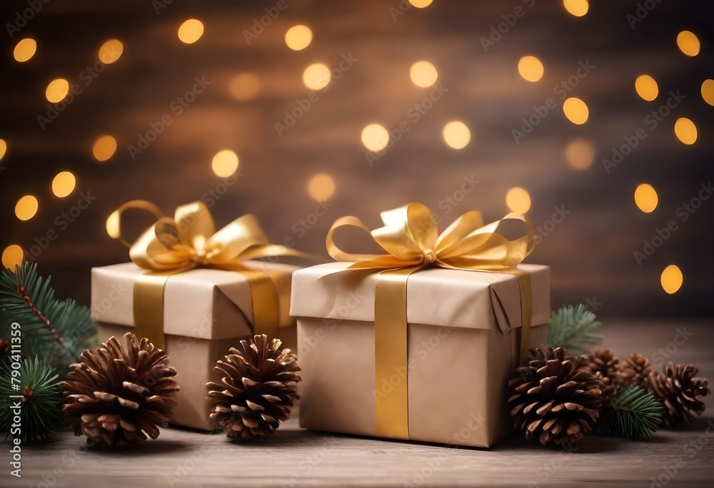 Wrapped gift boxes with golden bows and pine cones on a wooden surface, with a blurred background of warm holiday lights