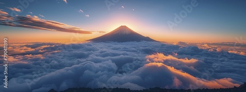 The isolated mountain peak stands majestically above a blanket of clouds as the sun begins to rise. photo