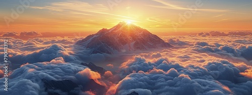 The isolated mountain peak soars majestically above a billowing sea of clouds in the golden light of sunrise. © Kanisorn