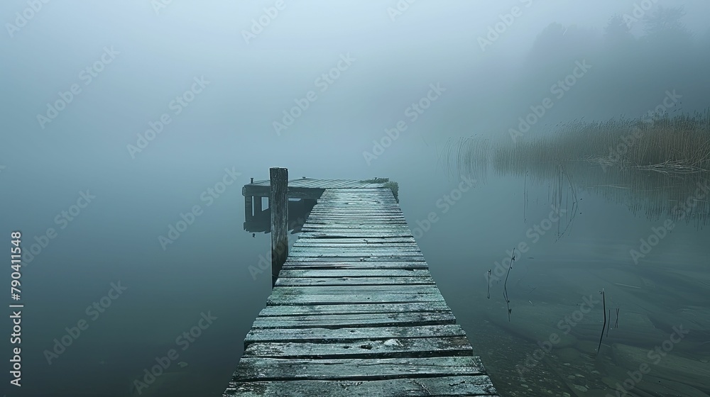 Obraz premium A solitary figure stands at the edge of the lone wooden pier, gazing into the tranquil lake shrouded in misty fog.