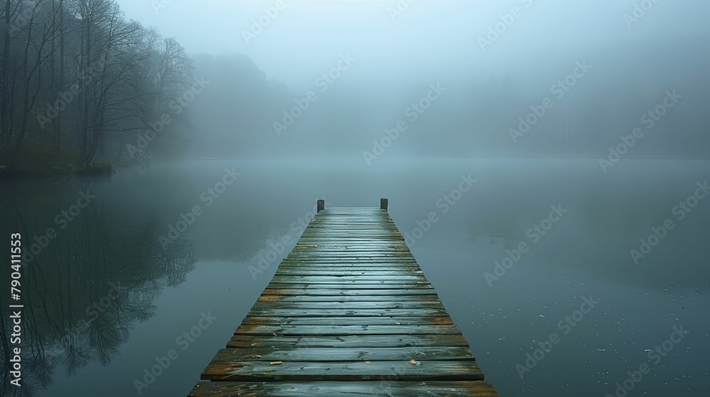 The solitary wooden pier stretches into the serene lake, where fog veils the distant horizon in mystery.