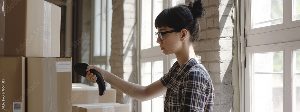 Woman scanning cardboard boxes with a barcode reader in a warehouse environment. Woman scanning cardboard boxes with a barcode reader in a warehouse environment.