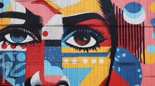 A vibrant mural on an urban wall combines abstract and geometric shapes to form a stylized representation of a human face, emphasizing the eyes - Generative AI
