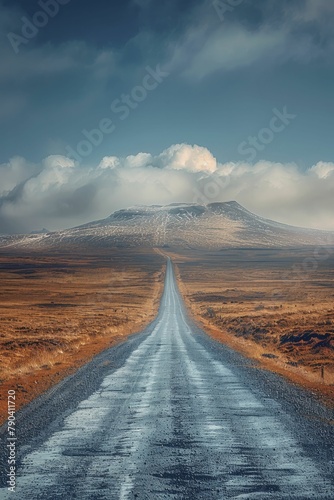 A solitary car traverses the endless stretch of the long, straight road beneath the overcast, cloud-laden sky.