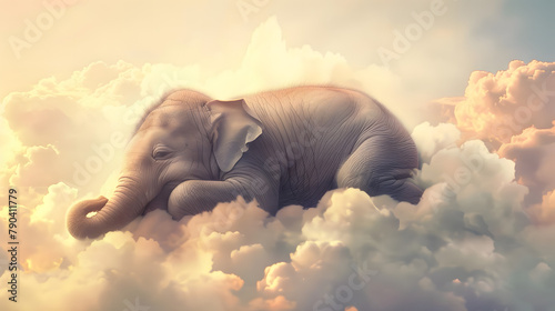 Cute baby elephant sleeping on clouds. Adorable elephant napping digital art illustration