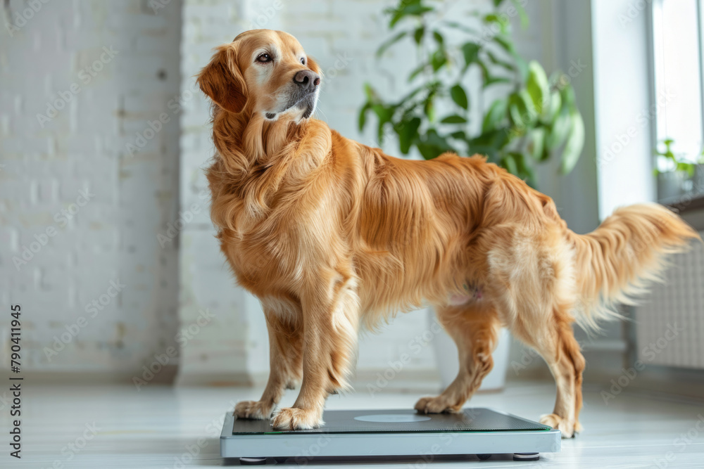 Dog standing on a weight scale. Generative AI