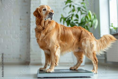 Dog standing on a weight scale. Generative AI