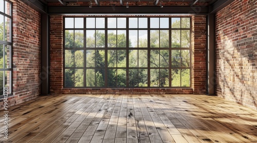 A large room with a brick wall and wooden floors. The room is empty and has a lot of windows