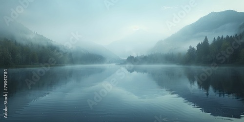 The tranquil scene unfolded as mist danced over the serene lake, embraced by the distant mountain silhouettes.