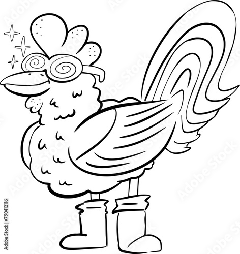 A hand drawn vector doodle art in cartoon style of a rooster in boots with sunglasses, silhouette, contour, black and white