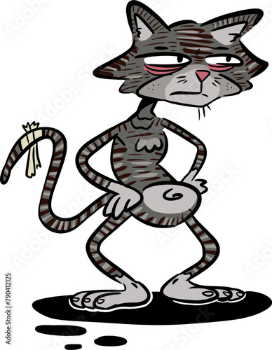 A hand drawn vector doodle art in cartoon style a thin striped grey cat standing on two paws and with a tired, contemptuous look, a small shadow under it, colourful, isolated