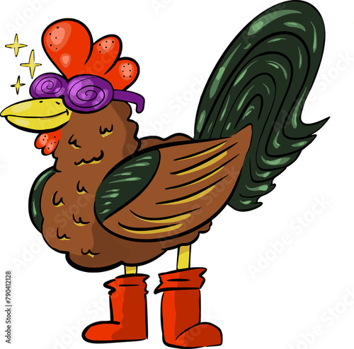 A hand drawn vector doodle art in cartoon style of a colorful rooster in boots with sunglasses, isolated 