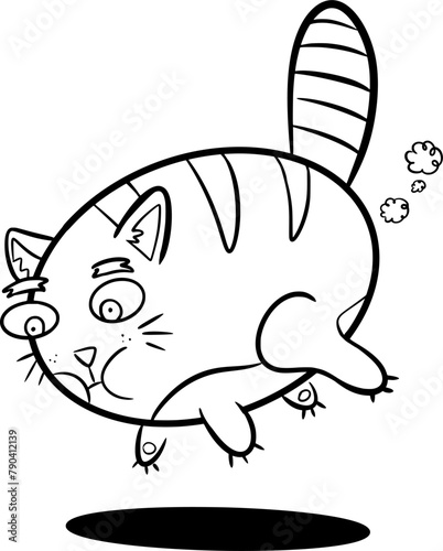 A hand drawn vector doodle art in cartoon style of a striped cat inflated like a balloon and floating in the air, silhouette, contour, black and white, with round shade below