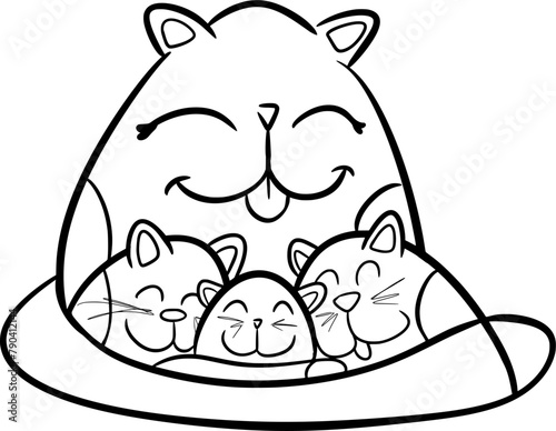 A hand drawn vector doodle art in cartoon style of cats family, a mother cat hugs three kittens with her tail, they sleep in pleasure silhouette, contour, black and white, isolated