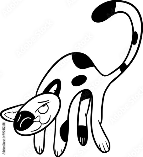 A hand drawn vector doodle art in cartoon style of a black and white cat bending in an arc, contour, silhouette, cute