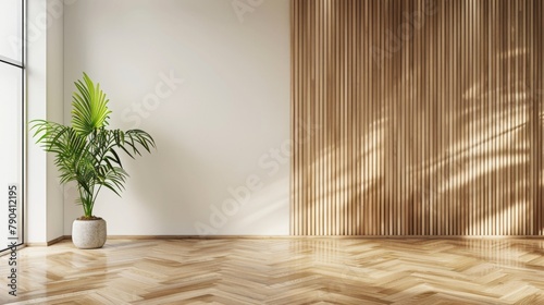 A large empty room with a wooden wall and a potted plant in the corner. The room is very spacious and has a minimalist feel to it