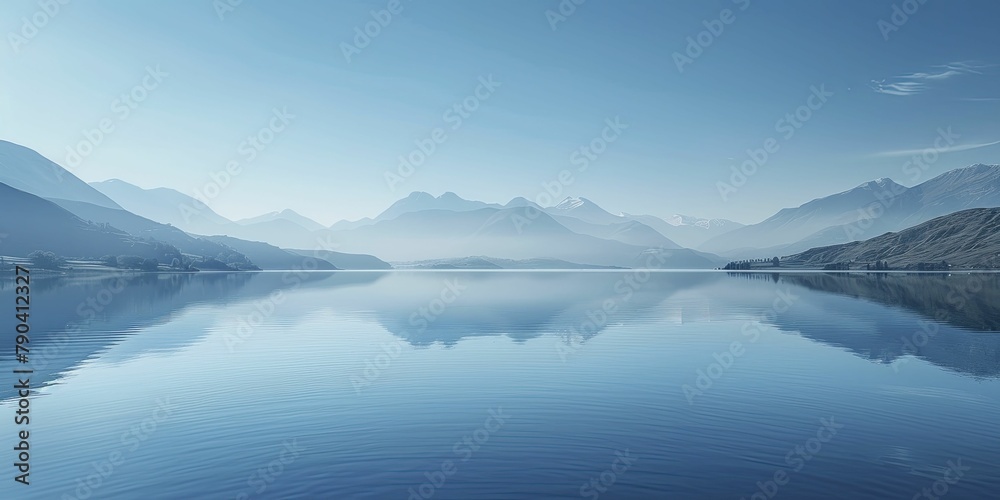 The serene lake perfectly reflects the simplicity of the sky and distant mountains in its tranquil surface.