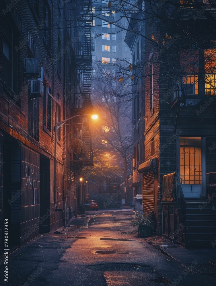 The serene alley bathed in gentle early light, nestled within a sleek cityscape, exudes tranquility and simplicity at daybreak. - obrazy, fototapety, plakaty 
