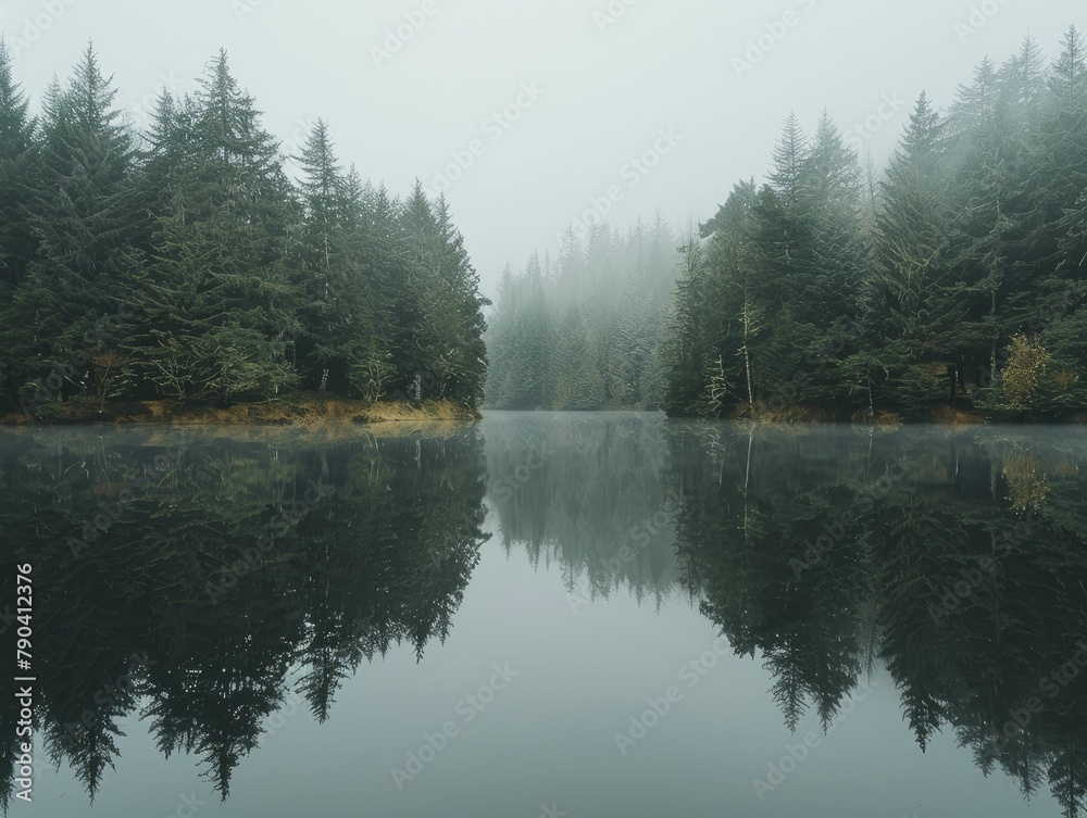 Fototapeta premium Reflections on a glassy lake creating a perfect symmetry with the minimalist forest line.