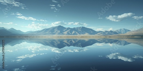 Perfectly still water creating a mirror image of the minimalist sky and distant mountains.