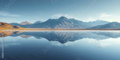 The serene lake perfectly reflects the minimalist sky and distant mountains in a breathtaking display. photo