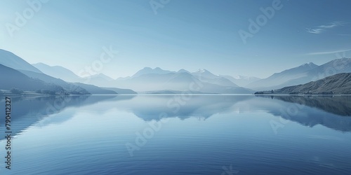 The serene lake perfectly reflects the simplicity of the sky and distant mountains in its tranquil surface. © Kanisorn
