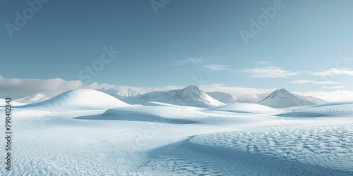 The serene landscape showcased a pristine snowfield etched with minimalist patterns, sculpted by the wind beneath a vast blue sky.