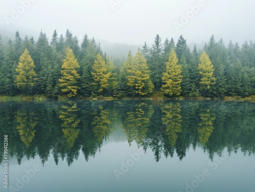 The glassy lake mirrors the minimalist forest line, forming a serene and symmetrical reflection.