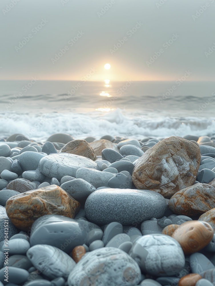 Smooth large boulders on a foggy beach, with a clear horizon and soft morning light.