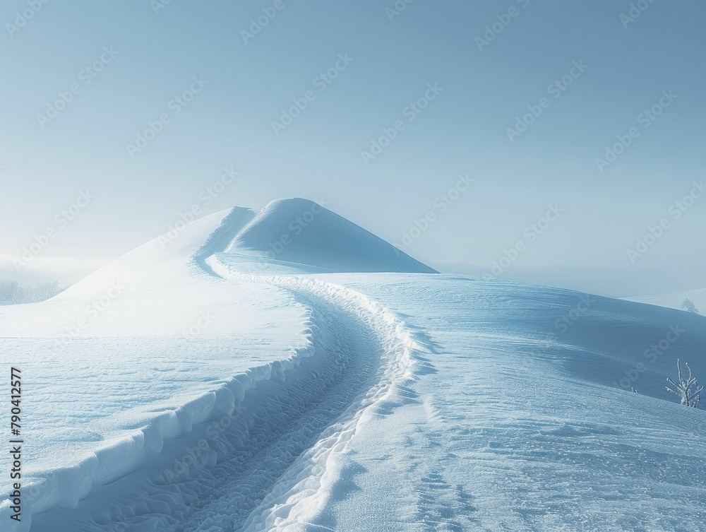 The serene snow-covered hill effortlessly blends into the clear sky with its minimalist, sleek curve.
