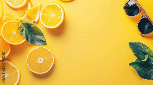 colorful summer background concept summer music party with orange and sunglasses and tropical leaves copy space. banner with space for text horizontal